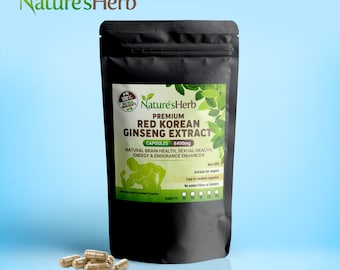 May include: Black pouch with a white label that reads "Nature's Herb Premium Red Korean Ginseng Extract Capsules 8400mg Natural Brain Health, Sexual Health, Energy & Endurance Enhancer". The pouch is sitting on a light blue background. There are several brown capsules scattered in front of the pouch.