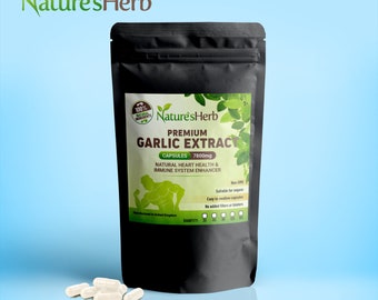 May include: A black resealable pouch with a white label that reads "Nature's Herb Premium Garlic Extract Capsules 7800mg Natural Heart Health & Immune System Enhancer". The pouch is sitting on a light blue surface with several white capsules scattered in front of it.