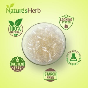 May include: A clear glass bowl filled with empty clear capsules. The bowl is on a yellow background with several green and brown labels around it. The labels say "100% Natural", "Gluten Free", "Starch Free", "Locking System", and "No Added Preservatives".
