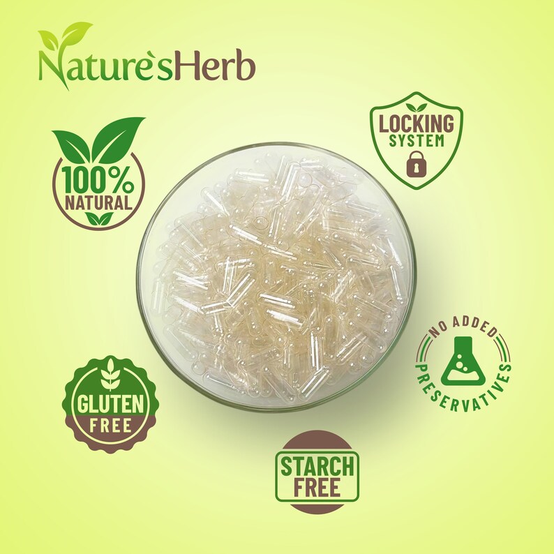 May include: A clear glass bowl filled with empty clear capsules. The bowl is on a yellow background with several green and brown labels around it. The labels say "100% Natural", "Gluten Free", "Starch Free", "Locking System", and "No Added Preservatives".