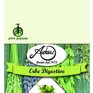 Può includere: Un'etichetta di prodotto con il testo "Aschieri" e "Erbe Digestive". L'etichetta presenta uno striscione verde, un mortaio e un pestello in legno e varie erbe. Lo sfondo è una texture di legno.
