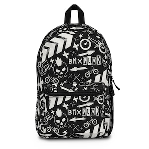 May include: Black backpack with a white print of skulls, bicycles, arrows, and the words "BMX PUNK".