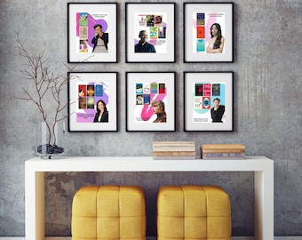 May include: Six framed posters with colorful backgrounds and images of people and books. The posters are hanging on a gray concrete wall above a white console table with two yellow cube ottomans.