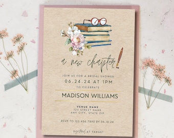 A New Chapter - Bridal Shower Invitation with Flowers - 5x7 Digital Download