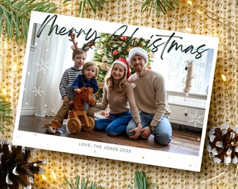 Snowflakes and Polka Dot Merry Christmas Photo Card - 5x7 -Digital Download - Custom Font Colors