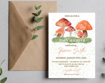 Op de afbeelding: Een baby shower uitnodiging met een aquarel illustratie van paddenstoelen in tinten rood en oranje. De tekst luidt "Join us for a Baby Shower celebrating Jessica Smith, Saturday, August 10th, 2023, The Smith Residence 123 Main St, City, State Zip, RSVP to Alice at 123-456-7890 or email@gmail.com, registered at Walmart and Target."