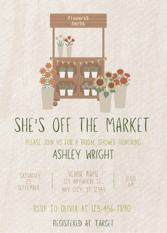 She's off the Market Bridal Shower - Farmers Market Theme Bridal Shower  Invitation - 5x7