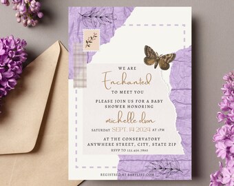 Hermosa invitación de baby shower púrpura "Estamos encantados de conocerte" - Descarga digital 5x7