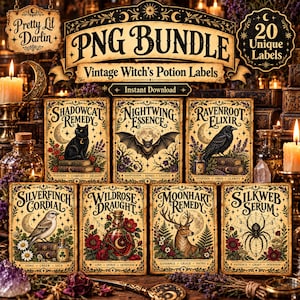May include: A digital PNG bundle of 20 vintage witch potion labels featuring illustrations of animals like a black cat, bat, raven, bird, deer, and spider. Each rectangular label includes ornate text, floral accents, and moon motifs.