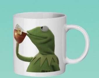 Kermit the frog sipping tea, that’s none of my business meme Mug (Link to matching coaster in description)