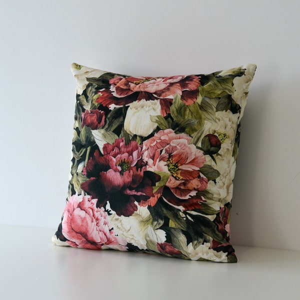 Velvet pillow case flowers, Decorative Velvet Pillow cover pink peonies, floral Velvet Cushion cover , living room, bedroom