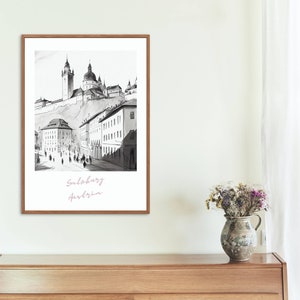 Salzburg sketch poster, Digital download, European city, Austria, Travel poster, House warming gift, Printable, Salzburg art poster
