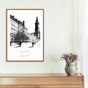Kraków sketch poster, Digital download, European city, Poland, Travel poster, House warming gift, Printable, Kraków city sketch, Wall art