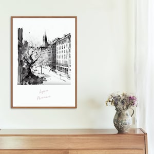 Lyon sketch poster, Digital download, European city, France, Travel poster, House warming gift, Printable, Lyon city sketch, wall art
