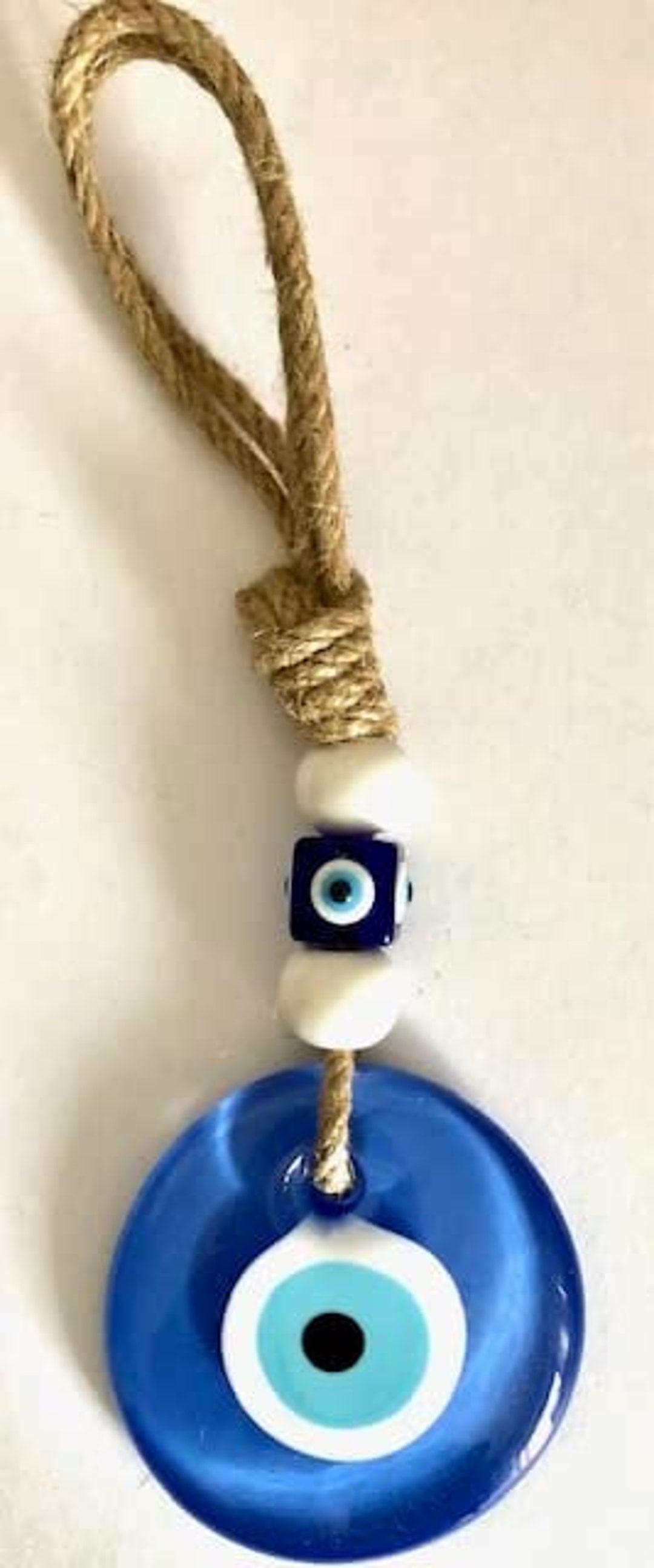 Blue Evil Eye Keychain, Multicolor Macrame Protection Keyring, Good Luck  Charm, Daisy Beaded Favors, Wall Ornament, Jute Rope Talisman 