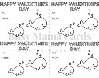 Printable Valentine's Day Card with Whales, Valentine's Coloring Cards for Kids, DIY coloring Valentine's Day Cards, Classroom Cards