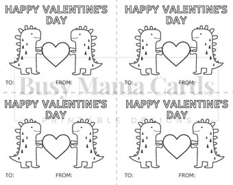 Printable Valentine's Day Card with Dinosaur, Coloring Cards for Kids, DIY coloring Valentine's Day Cards, Classroom Cards