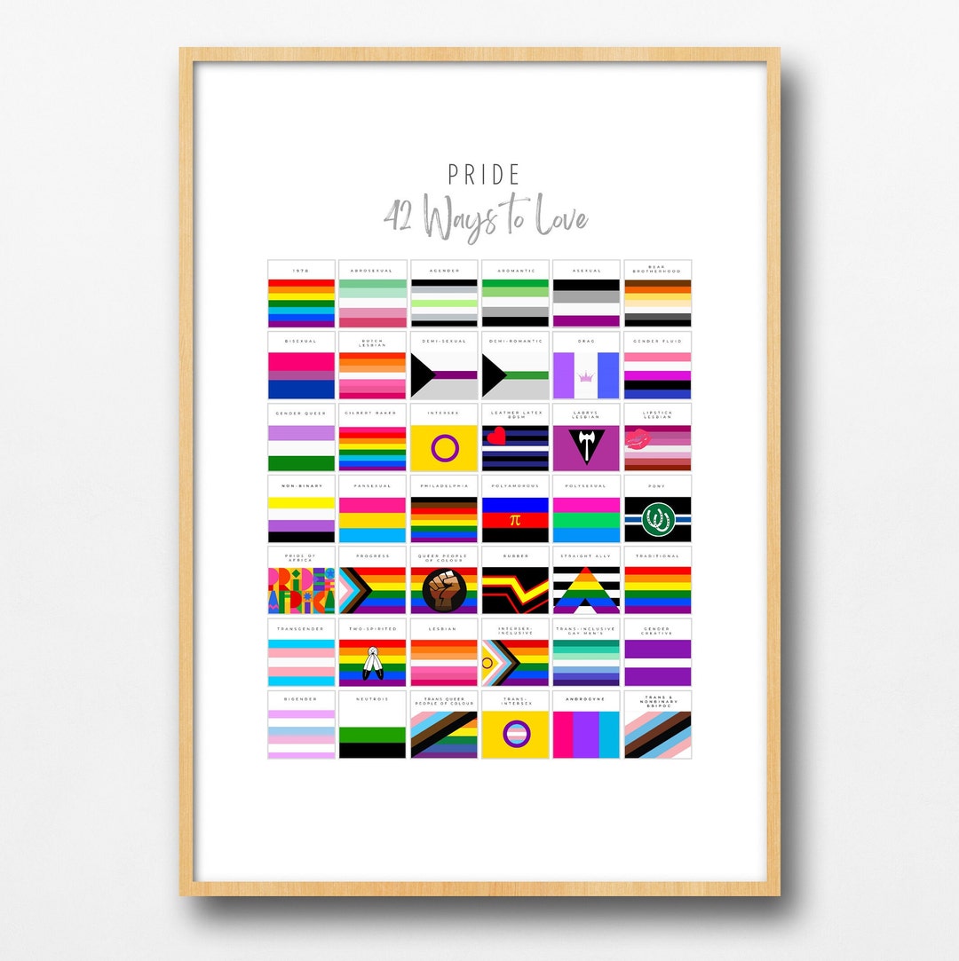Pride Poster 42 Ways to Love Pride Flags and Their Meanings Etsy