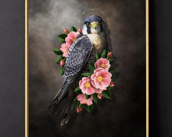 Peregrine Falcon Moody Wild Roses Print  Bird Wall Art