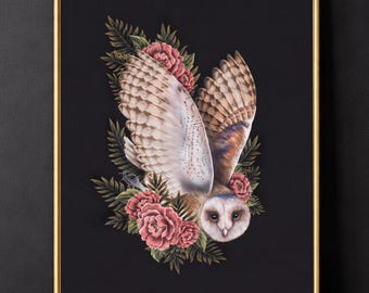 Barn Owl Botanical Cottage Core Dark & Moody Academia Wall Art bird hag