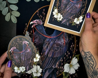 Vulture Lover Gift Pack Bird Art Note Cards Stickers Dogwood flower moody gothic witchy nature art bird hag