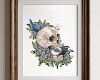 Magpie y cráneo humano Cottage Core Dark Academia Arte de pared pájaro bruja