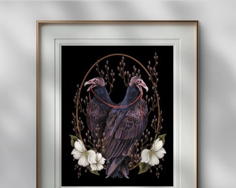 Vulture Bird Art Dogwood flower moody gothic witchy nature art bird hag