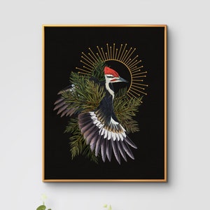 Pileated Woodpecker Bird Art pine tree moody, witchy bird art bird hag