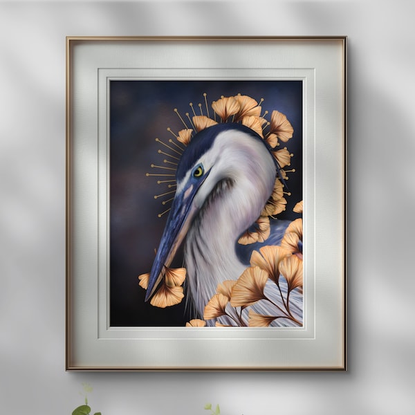 Blue Heron & ginkgo leaf Bird Art moody witchy fantasy Bird Hag