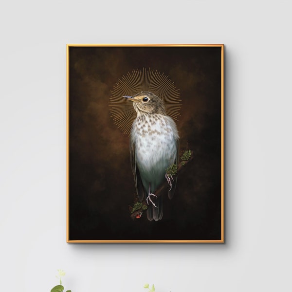 Swainsons Thrush Bird Art Ladybug moss moody dark whimsy bird hag