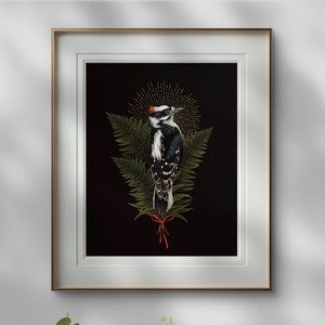 Downy Woodpecker Bird Art Sword Fern PNW moody witchy nature art bird hag