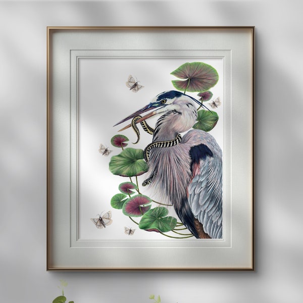 Blue Heron Art Print | Garter Snake Lilly Pads Moths Wall Art | Fantasy Art, Ornithology Bird Lover giftHag Bird