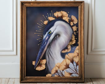 Blue Heron Dark Academia Moody bird Wall Art bird hag