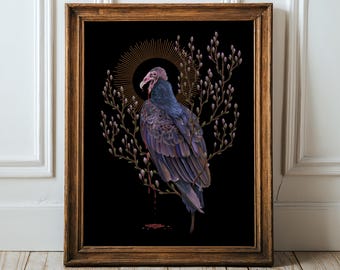 Turkey Vulture Print Cherry Blossom Moody  Bird Art witchy bird hag