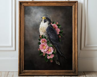 Peregrine Falcon Cottage core Wild Roses Print  Bird Wall Art