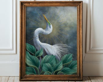 Great Egret Botanical Print, Dark Academia Bird Art, Hosta Leaves Wall Decor