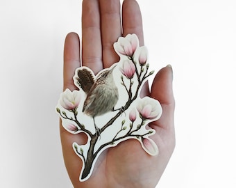 Bewick&#39;s Wren & Magnolia Flowers Vinyl Sticker Bird Hag