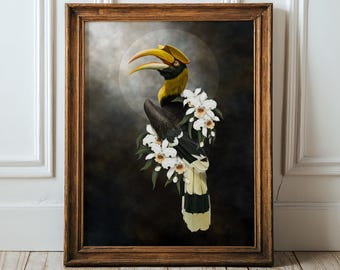 Great Hornbill, Dark Academia Bird Print Moody Art bird hag