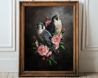 Peregrine Falcons Duo, Moody Wild Roses Print Bird Wall Art