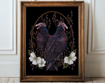 Turkey Vulture Print Dogwood flower moody Bird Art gothic witchy bird hag