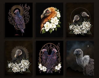 Vultures, set of six illustrations, Moody dark academia, bird Wall Art bird hag Group 1