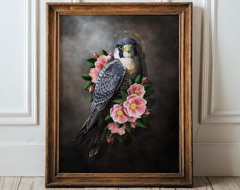 Peregrine Falcon Moody Wild Roses Print  Bird Wall Art