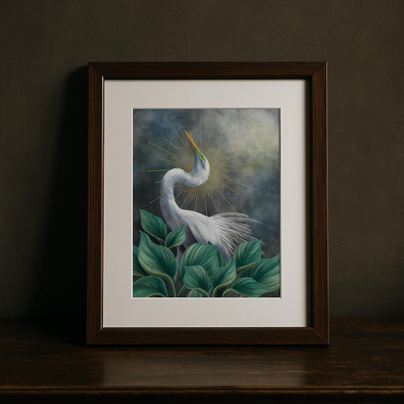 Great Egret Botanical Print, Dark Academia Bird Art, Hosta Leaves Wall Decor