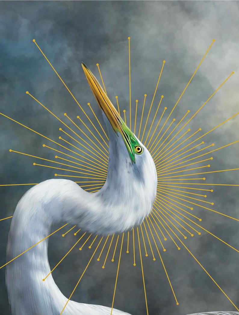 Pode incluir: Uma ilustra&ccedil;&atilde;o digital de uma gar&ccedil;a branca com um pesco&ccedil;o longo e curvo, um bico amarelo e marcas faciais verdes. A ave est&aacute; centrada contra um c&eacute;u escuro e nublado, rodeada por um padr&atilde;o de raios dourados de linhas finas.