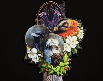 4 Pack Bird Vinyl Sticker | dark moody, witchy bird art bird hag