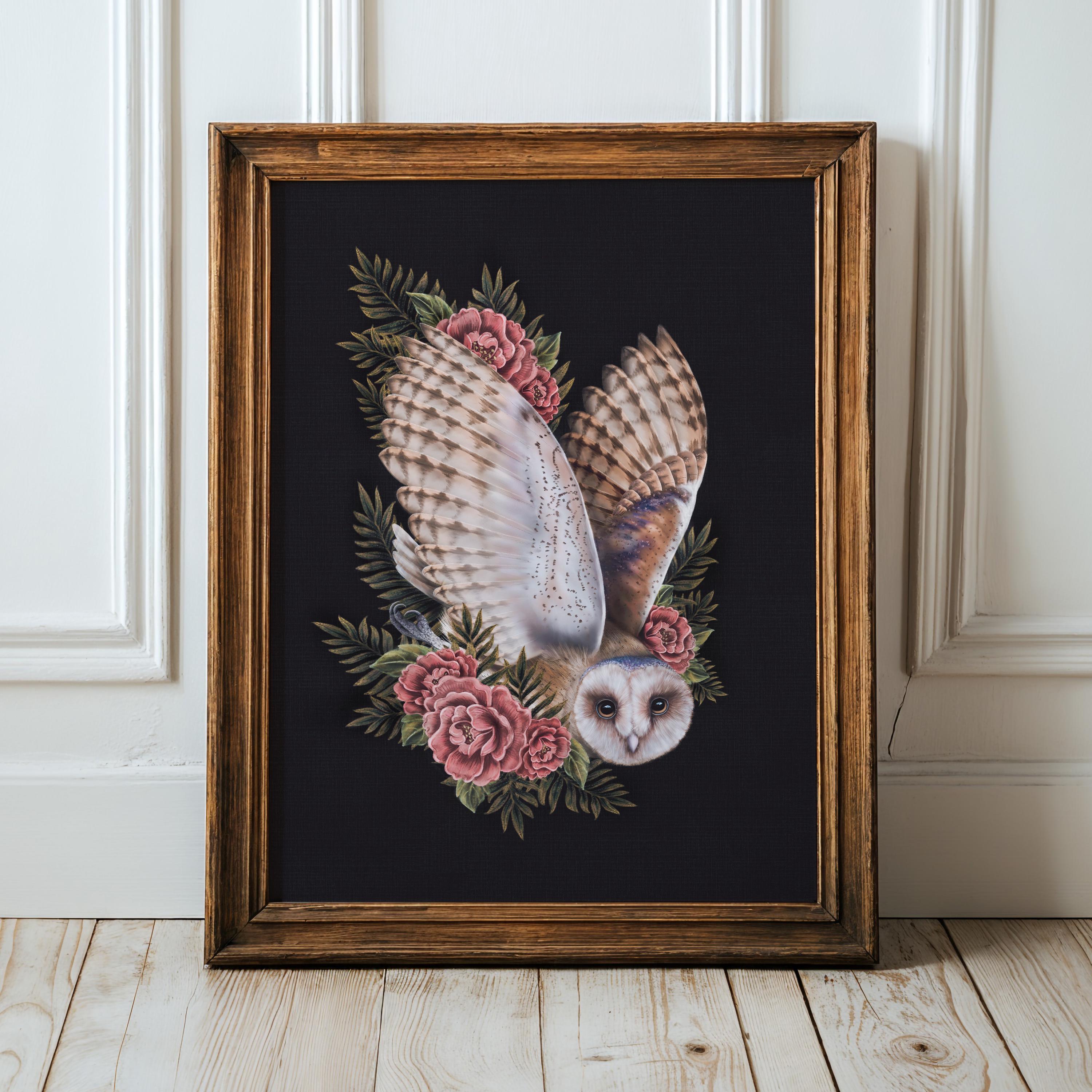 Barn Owl Print Peony flower flying owl moody floral whimsy Hag Bird