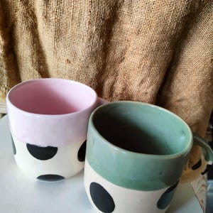 Handmade Ceramic Mug Set - Pink & Green Polka Dot Mugs, Unique Pottery Cups, Coffee Lover Gift