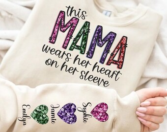 This Mama Wear her Heart On Her Sleeve PNG, Kids Names, Mothers Day Gift, Mama Svg Gift for Her