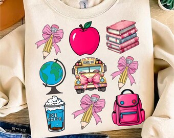 Back to School Coquette PNG, School bus Png, Books png, Globe png, Flowers png, Girl school png, Pencil Png