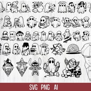 Peut inclure: Une collection d'illustrations en noir et blanc représentant divers fantômes. Les fantômes sont représentés dans différentes situations, portant des chapeaux, tenant des objets et pratiquant des activités. L'image comprend également d'autres éléments graphiques.